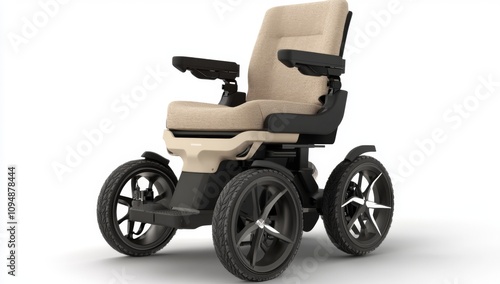 3D Rendering of Electric Wheelchair with Beige Fabric Seat, Black Armrests, and Dark Gray Wheels on White Background