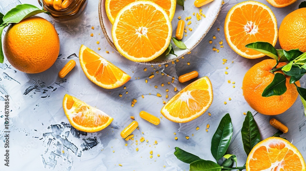 Fresh Oranges and Vitamin Supplements - a vibrant and health-focused visual. The combination of fresh oranges and supplements on a clean background highlights wellness and vitality. Fresh Oranges and Vitamin Supplements - a vibrant and health-focused visual. The combination of fresh oranges and supplements on a clean background highlights wellness and vitality.