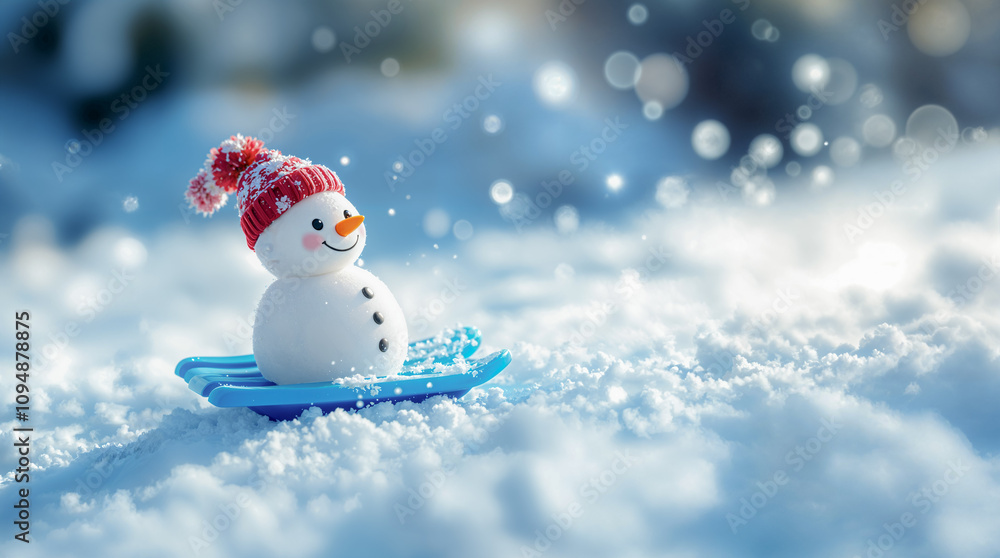 Cute snowman on a sled in a snowy landscape Cute snowman on a sled in a snowy landscape