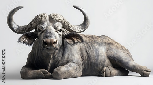 A buffalo lying on the ground with its legs tucked under its body on a white background