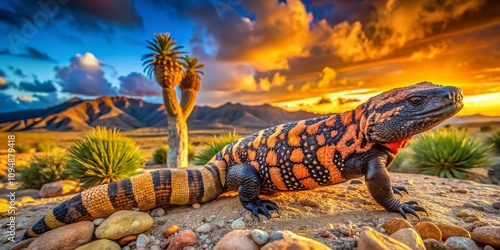 Captivating Heloderma Suspectum in Its Natural Habitat: A Close-Up View Showcasing Unique Textures and Colors of the Gila Monster Amidst Desert Flora photo