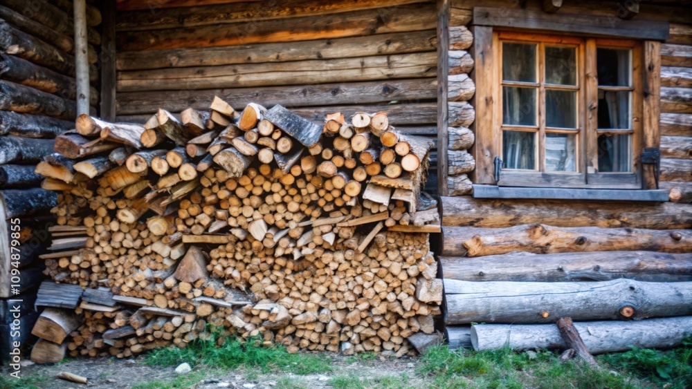 Stacked Firewood Against a Wooden Cabin Wall Stacked Firewood Against a Wooden Cabin Wall