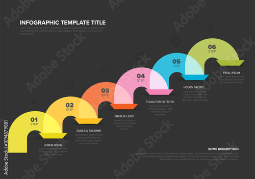 Vector dark Infographic template with rounded color jumps in diagonal line with numbers icons titles and descriptions. Simple minimalistic stepss template with color arcs.