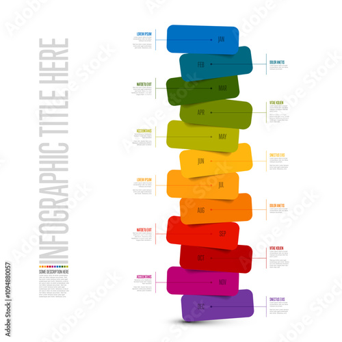 Whole year infographic template with stacked rainbow color blocks on white background. Fresh color block for each month of the year infochart template.