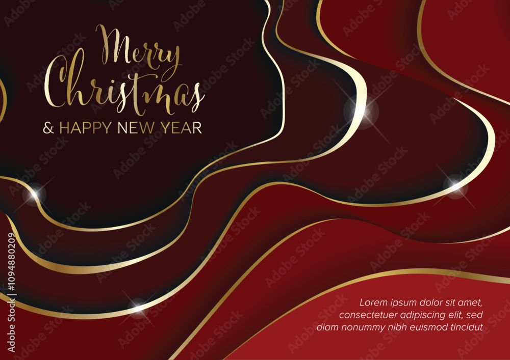 Merry Christmas and happy new year modern Christmas card layoute template with deep paper cut effect made from red papers with golden borders Merry Christmas and happy new year modern Christmas card layoute template with deep paper cut effect made from red papers with golden borders