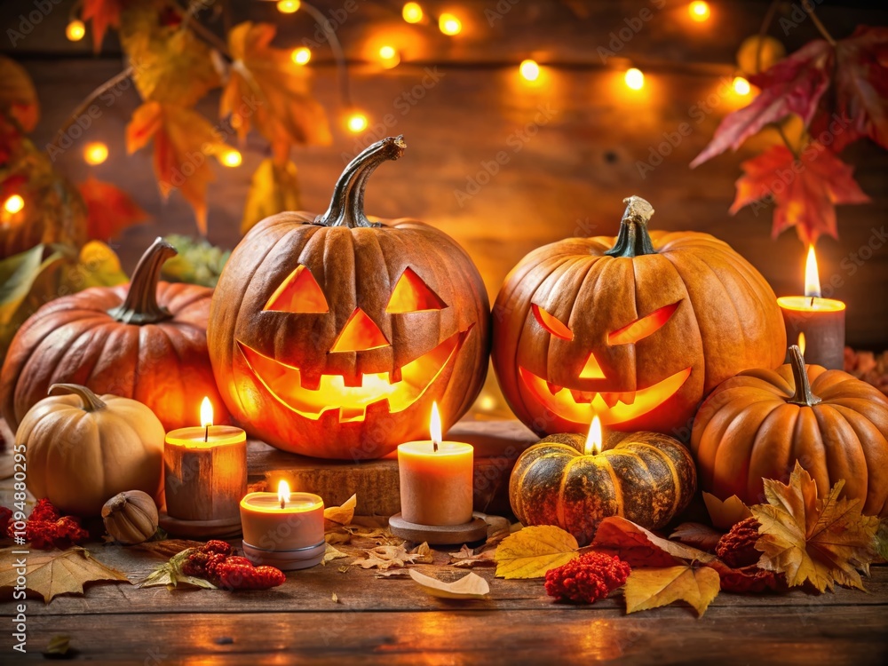 Fototapeta premium Captivating Jack O' Lanterns: A Collection of Spooky and Creative Pumpkin Designs for Halloween Celebrations and Autumn Decorations