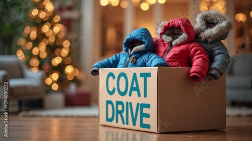 Donation box with children’s winter coats in festive room