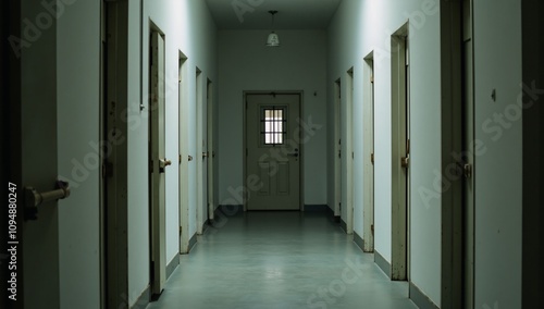 A stark isolated prison corridor featuring dimly lit cell doors underlines a sense of confinement