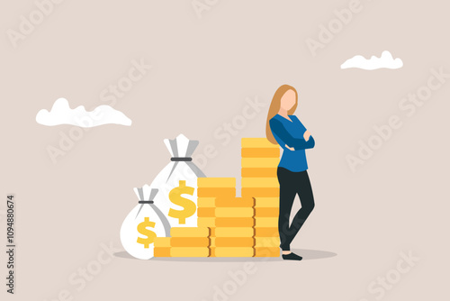 Professional businesswoman standing beside of stack of coins. concept of High salary and income, salary or multi income stream, side hustle or side gig earning, investment return