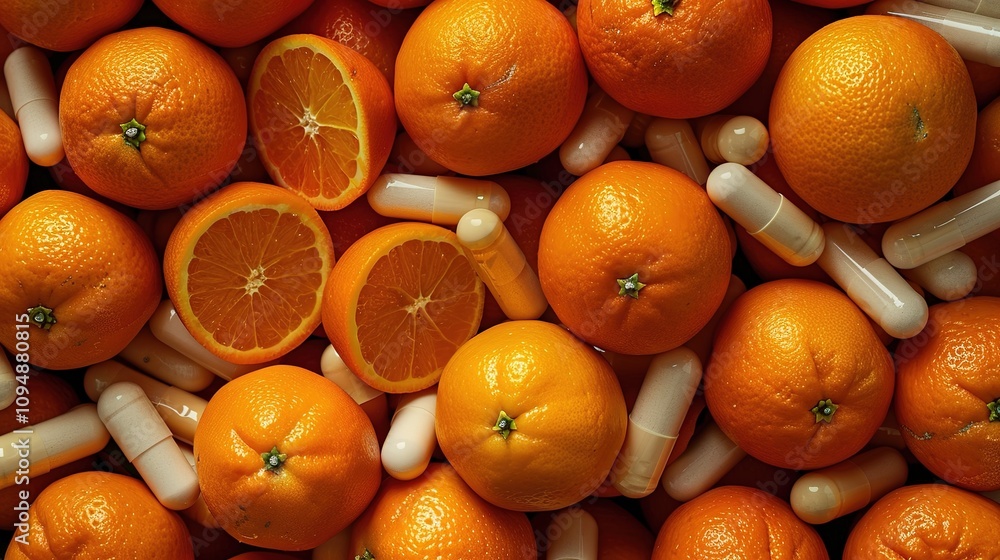 Fresh Oranges and Vitamin Supplements - a vibrant and health-focused visual. The combination of fresh oranges and supplements on a clean background highlights wellness and vitality. Fresh Oranges and Vitamin Supplements - a vibrant and health-focused visual. The combination of fresh oranges and supplements on a clean background highlights wellness and vitality.