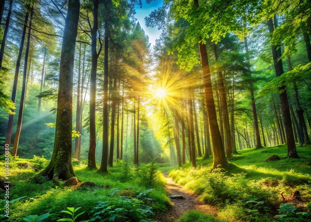 Obraz premium Captivating Landscape of a Remote Forest with Glowing Sunlight Filtering Through Trees, Evoking a Sense of Tranquility and Connection to Nature in a Serene Environment