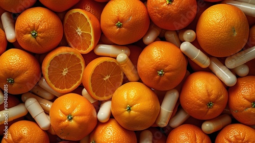 Fresh Oranges and Vitamin Supplements - a vibrant and health-focused visual. The combination of fresh oranges and supplements on a clean background highlights wellness and vitality.