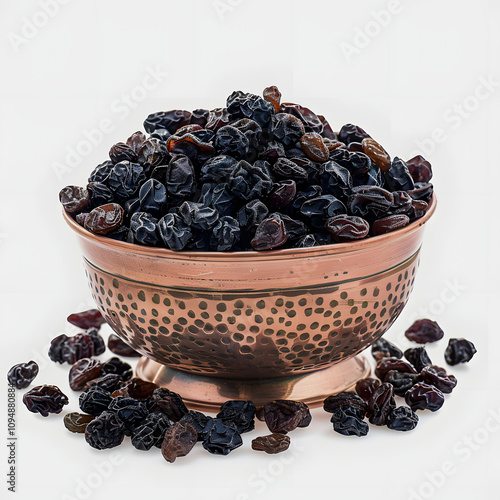 black raisins with seeds (sultana), dried fruits. dried black raisins in a copper bowl, scatchered raisins around a copper bowl of raisins with white shades, space for captions, png photo