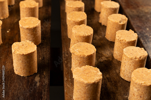 Sweet Brazilian Peanut Called Paçoca on a wooden desk photo