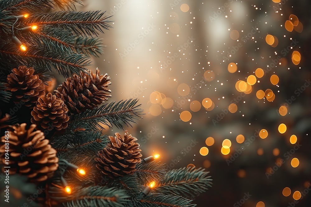 Wintery Christmas Scene with Pinecones and Warm Lights Wintery Christmas Scene with Pinecones and Warm Lights
