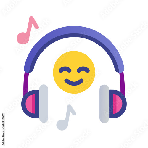 Smiling emoji with headphones and music notes icon