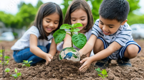 Planting small globe with children in garden, promoting sustainability