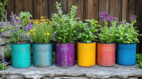 Rustic Charm Meets Creativity: Herb Planters Made from Brightly Painted Tin Cans photo