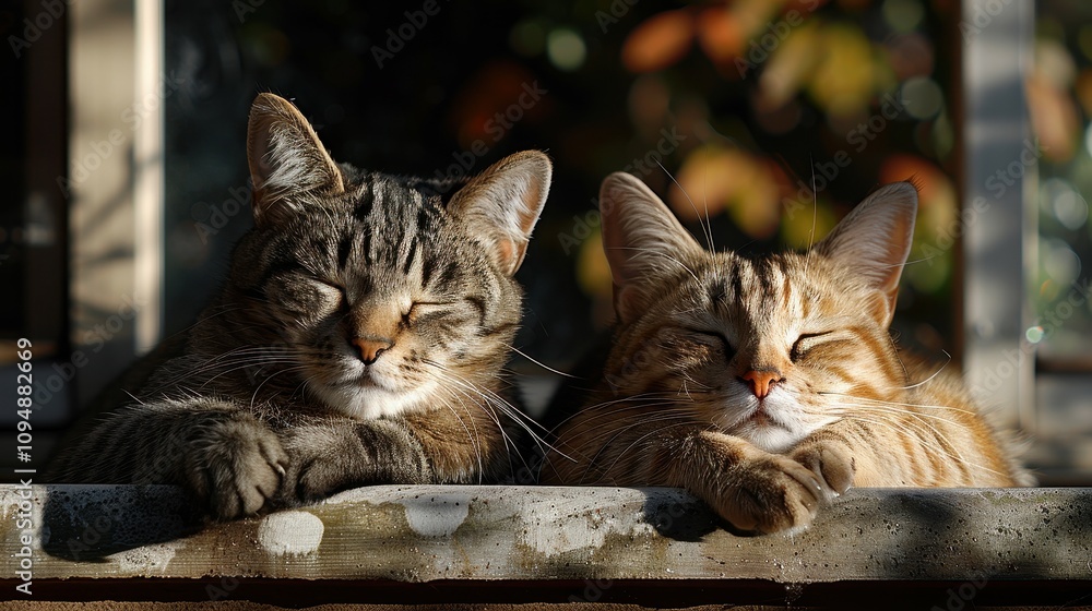 Two serene cats basking in sunlight against a backdrop of autumn foliage in a cozy garden setting. Generative AI Two serene cats basking in sunlight against a backdrop of autumn foliage in a cozy garden setting. Generative AI