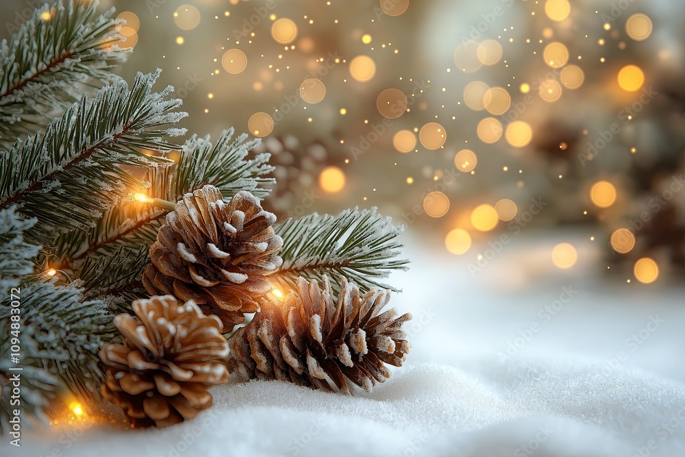 Wintery Christmas Scene with Pinecones and Warm Lights Wintery Christmas Scene with Pinecones and Warm Lights