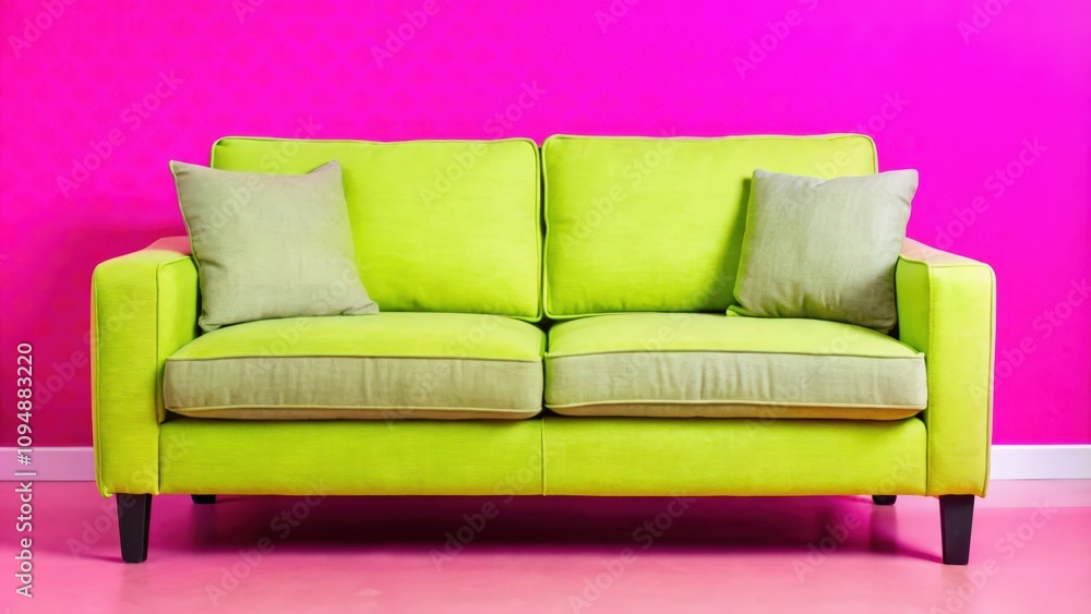 A lime green sofa with two beige pillows in front of a fuchsia wall A lime green sofa with two beige pillows in front of a fuchsia wall