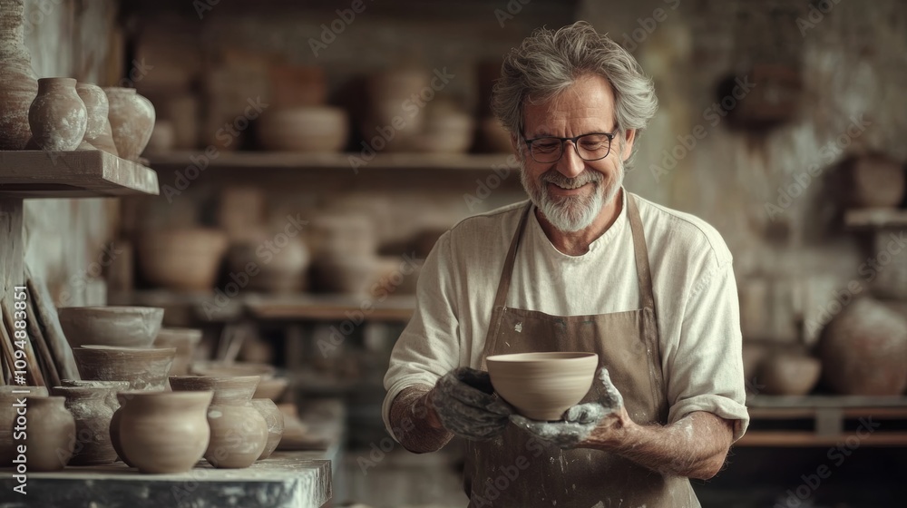 Smiling craft artist in apron in art studio store. Smiling craft artist in apron in art studio store.