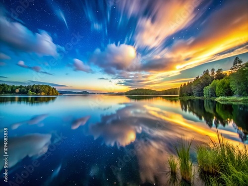 Wallpaper Mural Captivating Long Exposure Landscape of a Serene Lake at Dusk with Starry Sky Reflections, Creating a Dreamy Atmosphere and Highlighting Nature's Tranquility and Beauty Torontodigital.ca
