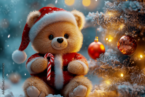 Wallpaper Mural Adorable Teddy Bear in Santa Suit by a Festive Christmas Tree Torontodigital.ca