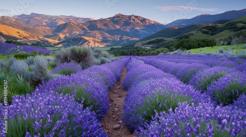 Lavender fields bloom under a golden sunrise near rolling mountains in a serene landscape. Generative AI