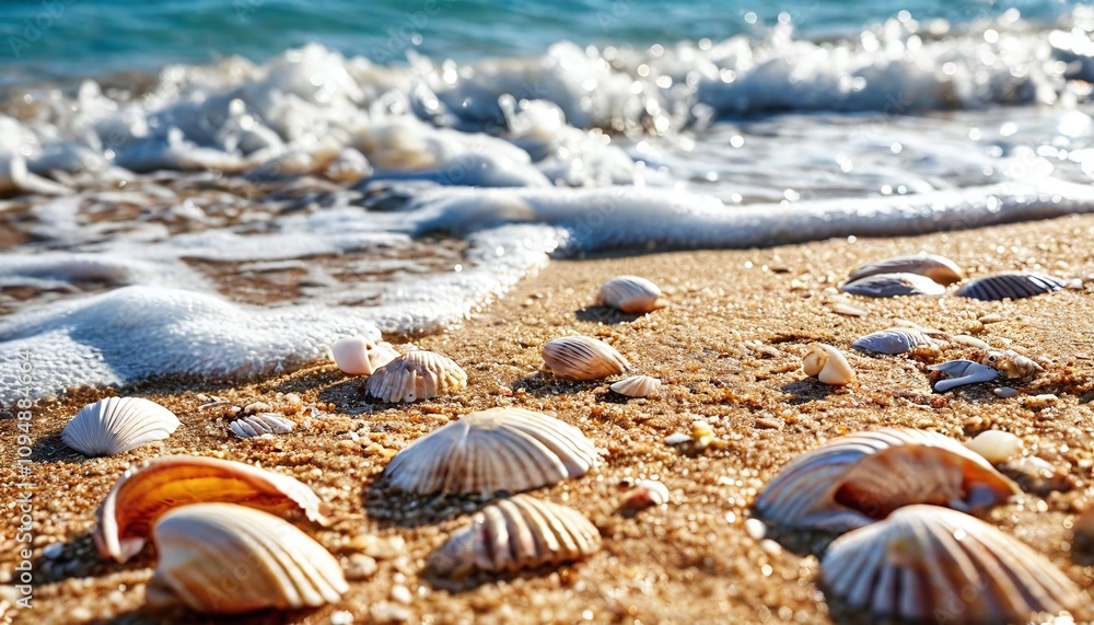 A sandy beach with shells and waves rolling in. A sandy beach with shells and waves rolling in.