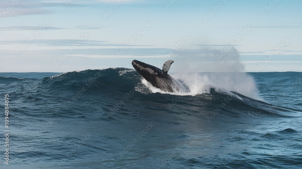 Fototapeta premium Whale breaching in a serene ocean under clear skies with frothy wave