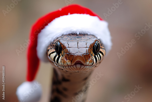 A humorous and festive image of a snake staring directly at the camera, wearing a Santa hat on its head, blending holiday cheer with a touch of playful charm. photo