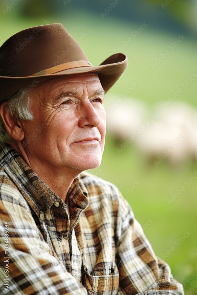 Content senior farmer in cowboy hat gazing at sheep grazing in pasture during summer sunset. Content senior farmer in cowboy hat gazing at sheep grazing in pasture during summer sunset.