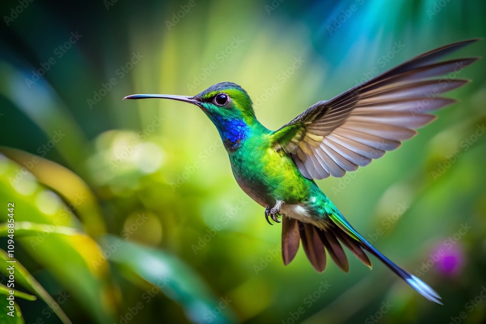Fototapeta premium Captivating Long Exposure of the Forktailed Woodnymph in Flight, Showcasing the Elegance and Beauty of Thalurania Furcata Hummingbird in a Birdwatching Paradise
