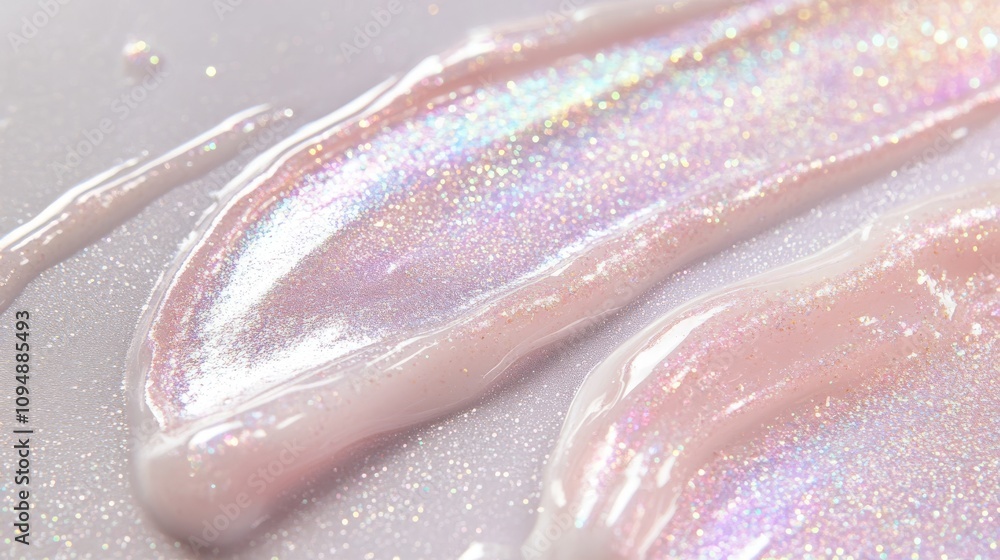 Fototapeta premium Glittering, iridescent swirls flow gently across a soft pastel surface, creating an enchanting display of color and light that draws the viewer's eye into its shimmering depths.