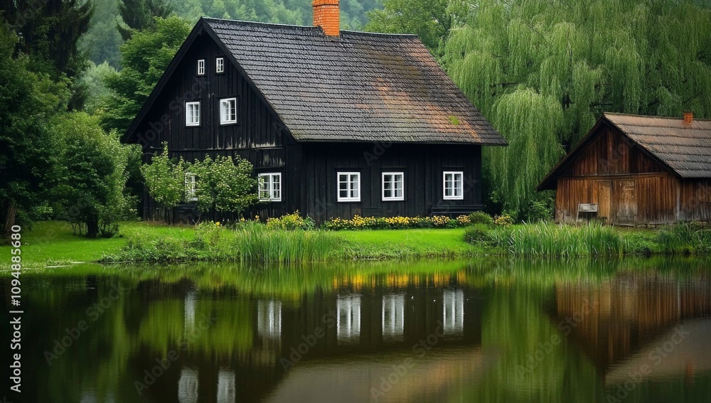 Traditional Polish House with Black Wood and White Windows, Idyllic Countryside Near Water Traditional Polish House with Black Wood and White Windows, Idyllic Countryside Near Water