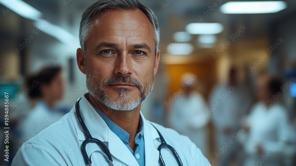 Experienced male doctor smiling in lab coat Experienced male doctor smiling in lab coat