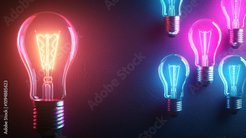 Glowing light bulbs with neon blue and pink lights create vibrant atmosphere. intricate filament design adds unique touch to modern decor
