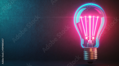 glowing light bulb with neon blue and pink colors illuminates dark background, creating vibrant and modern atmosphere