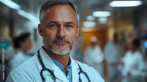 Experienced male doctor smiling in lab coat