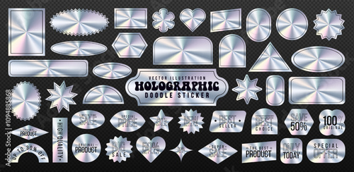 Holographic label with silver texture, shiny rainbow hologram tag, iridescent y2k product sale badge or emblem and colorful doodle sticker collection with neon effect for business marketing. Pvc tape.