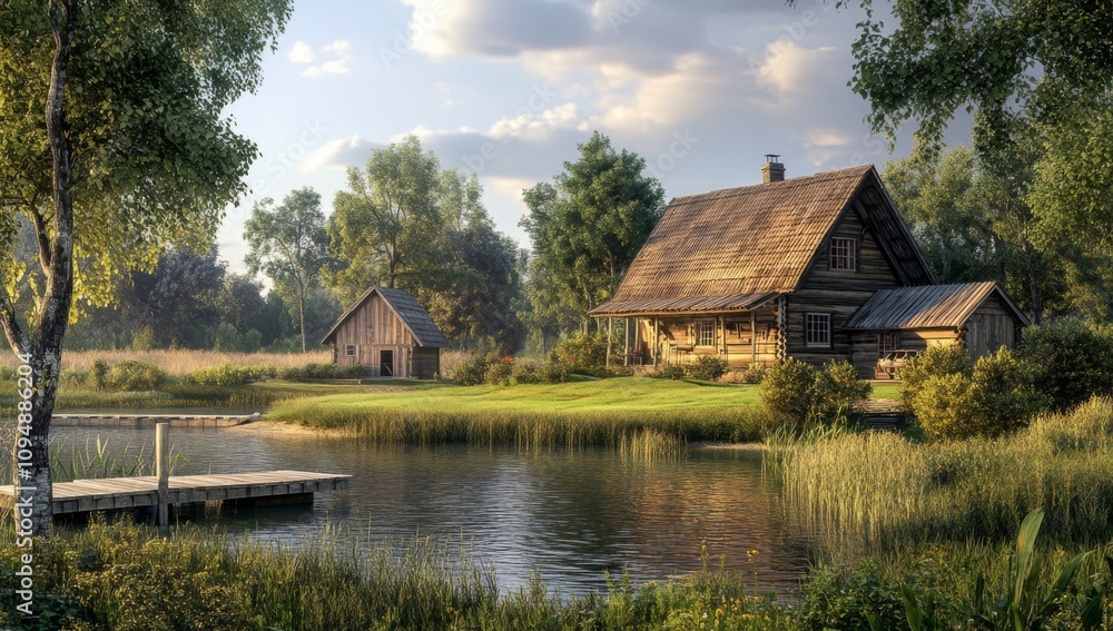 Traditional Polish Wooden House Near Lake with Barn, Lush Trees, Dock, and Large Lawn Traditional Polish Wooden House Near Lake with Barn, Lush Trees, Dock, and Large Lawn