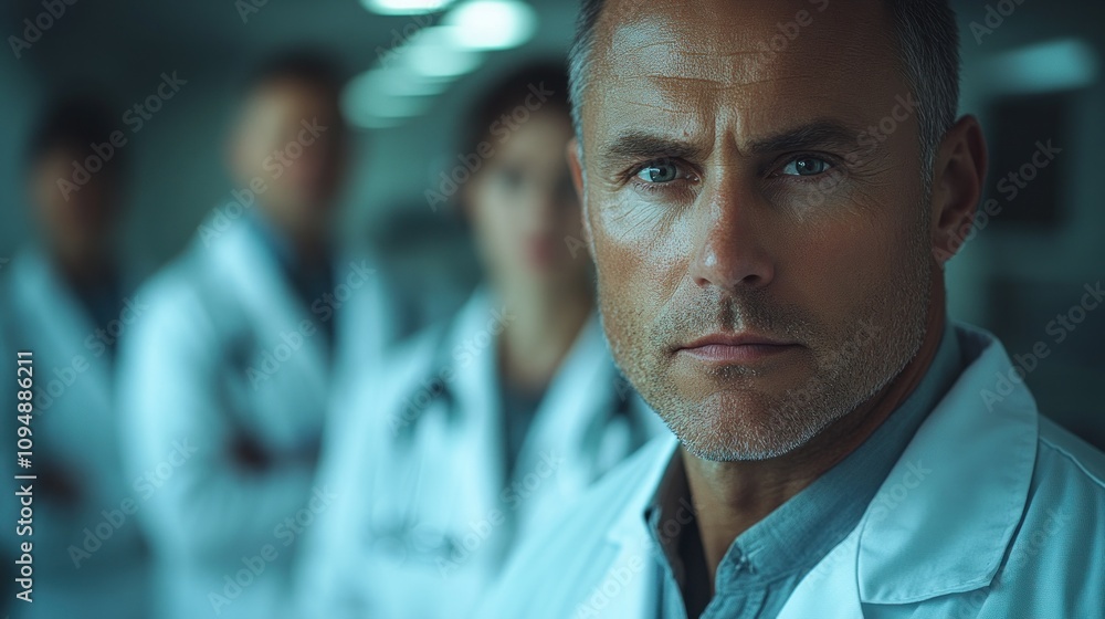 Determined Doctor in White Coat with Intense Gaze Determined Doctor in White Coat with Intense Gaze