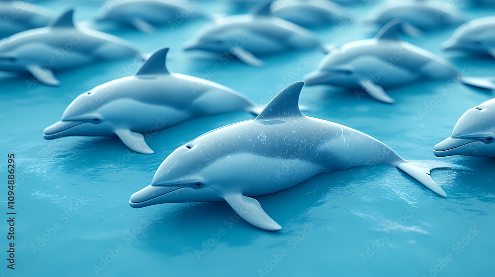 Obraz premium On a pastel blue background, small silhouettes of dolphins are arranged in a pattern