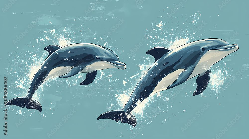 Fototapeta premium On a pastel blue background, small silhouettes of dolphins are arranged in a pattern