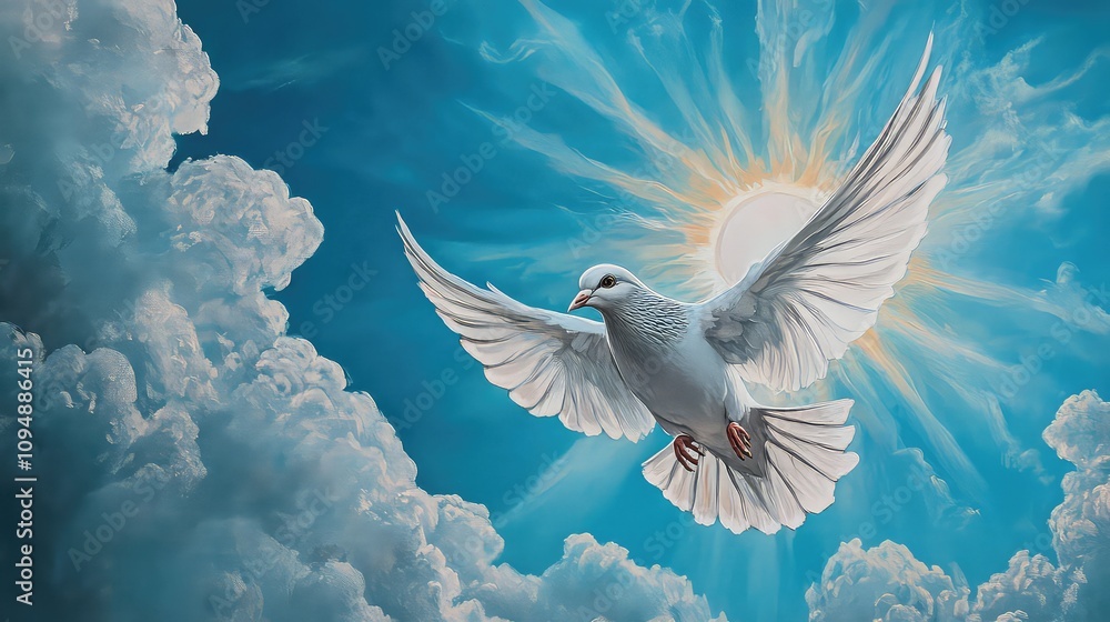 Fototapeta premium White Dove Flying In Blue Clouds As A Symbol Of Peace And Love, Generative AI