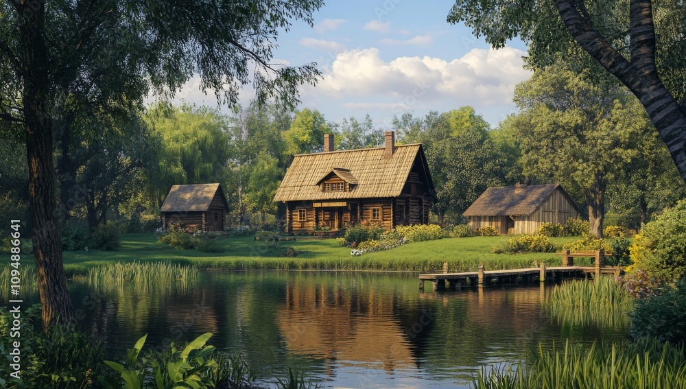 Traditional Polish Wooden House Near Lake with Barn, Lush Trees, Dock, and Large Lawn Traditional Polish Wooden House Near Lake with Barn, Lush Trees, Dock, and Large Lawn