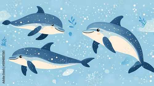 On a pastel blue background, small silhouettes of dolphins are arranged in a pattern