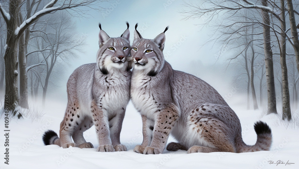 Two lynxes in love in winter - European lynx Two lynxes in love in winter - European lynx