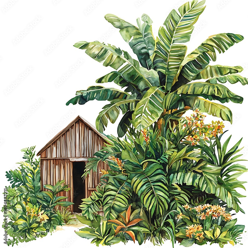Fototapeta premium Watercolor painting of a rustic wooden hut nestled amongst lush tropical foliage, including a majestic banana tree and vibrant wildflowers.